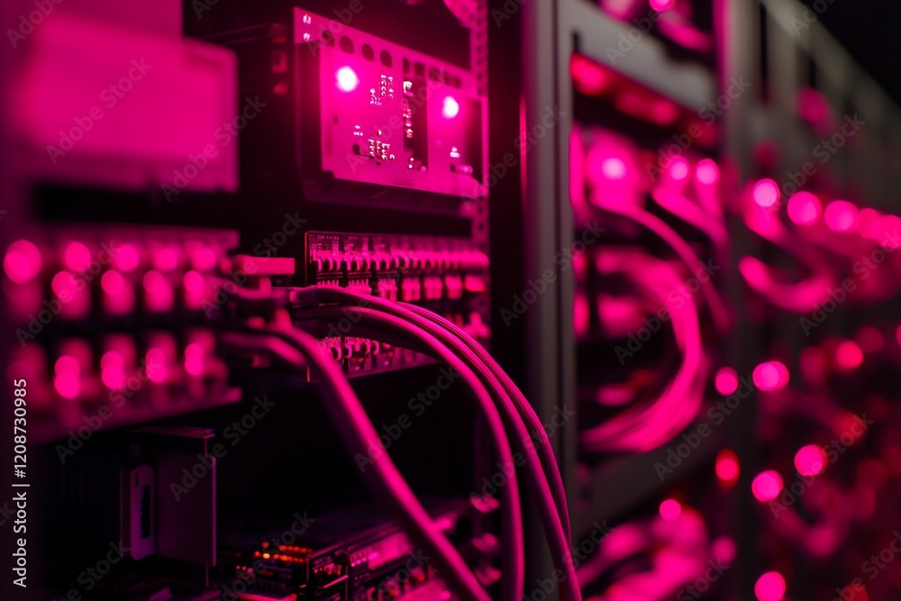 Close-up of server rack with cables and glowing lights in a data center. Close-up of server rack with cables and glowing lights in a data center.