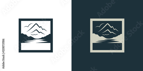 Mountain lake river water logo in frame square. Landscape nature vector