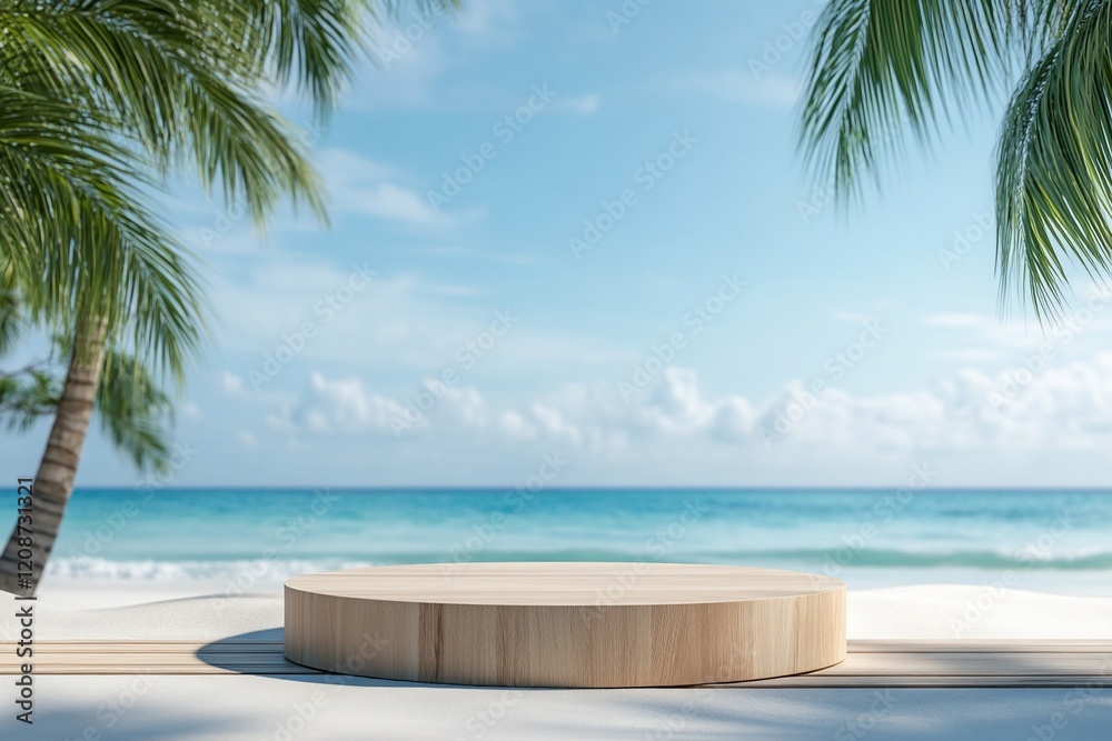Wooden podium on tropical beach scene. Wooden podium on tropical beach scene.