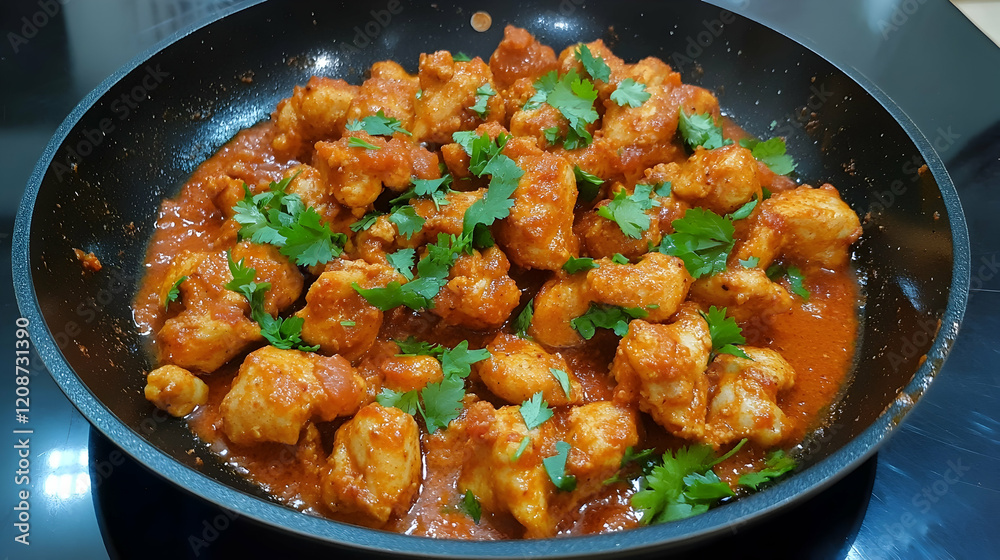Spicy chicken simmering in tomato sauce, kitchen setting, close-up view, food blog use Spicy chicken simmering in tomato sauce, kitchen setting, close-up view, food blog use