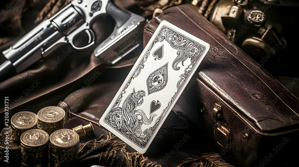 Steampunk revolver, playing card, and antique luggage on dark background. Perfect for gaming, adventure, or mystery themed projects Steampunk revolver, playing card, and antique luggage on dark background. Perfect for gaming, adventure, or mystery themed projects