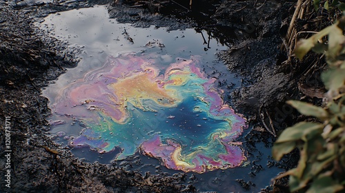 Rainbow Oil Spill in Puddle Environmental Pollution Photo