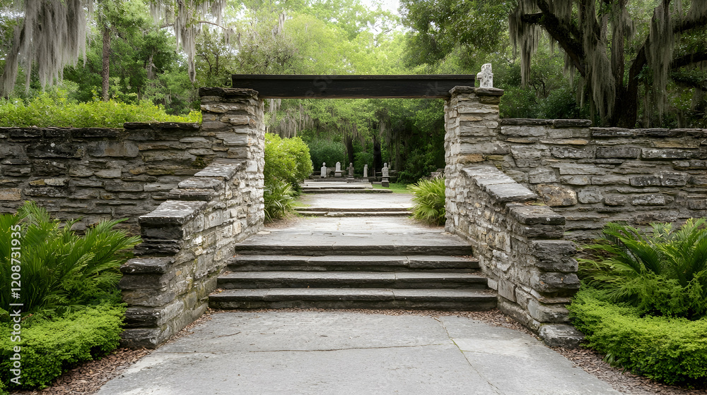 Stone pathway leading to a serene garden with ancient trees, perfect for travel brochures or website banners Stone pathway leading to a serene garden with ancient trees, perfect for travel brochures or website banners