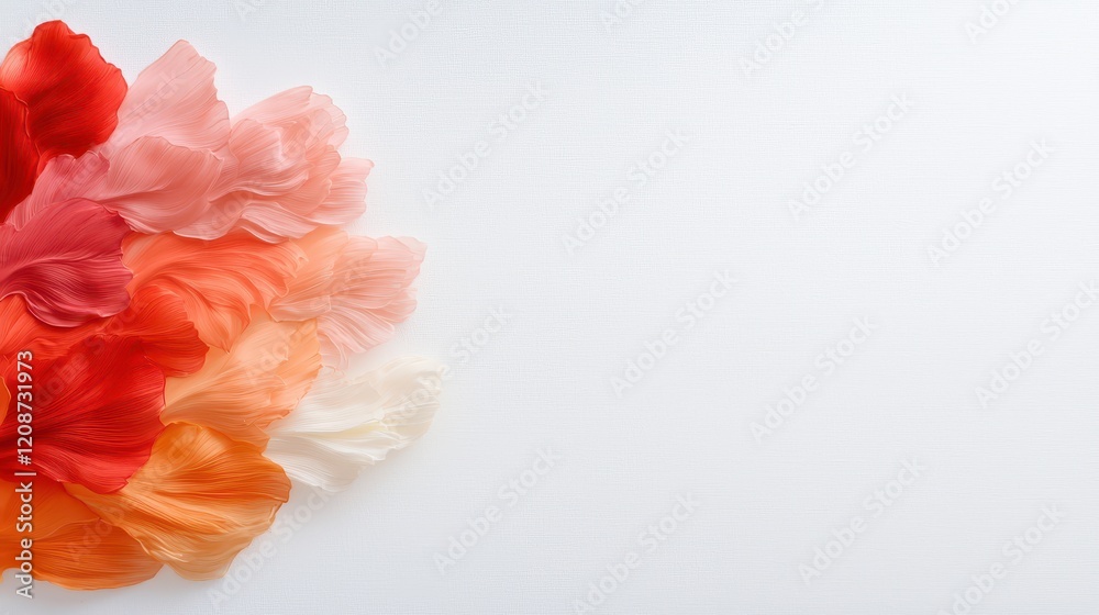 Elegant Collection of Colorful Flower Petals in Shades of Red, Orange, and Pink Arranged Beautifully on a Light Textured Background for Artistic and Floral Designs