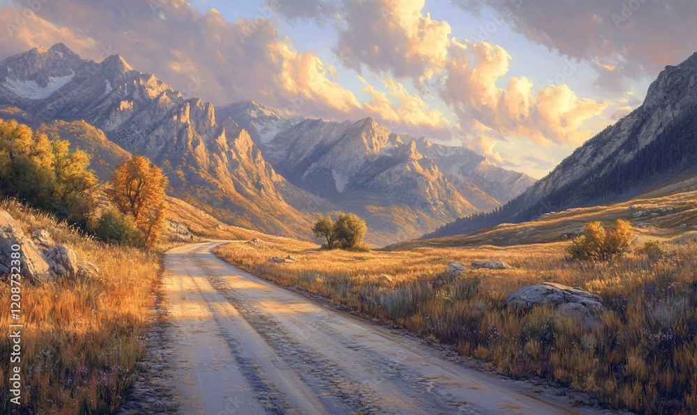 Autumnal mountain valley road sunset