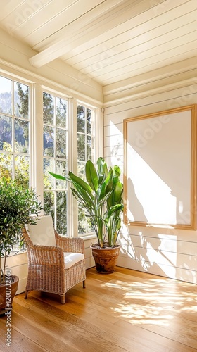 Cozy reading nook with tropical plants bright sunroom interior design warm atmosphere inviting view relaxation concept