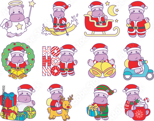 Cute hippo vector icon with christmas theme. Funny baby hippo animal christmas illustration.