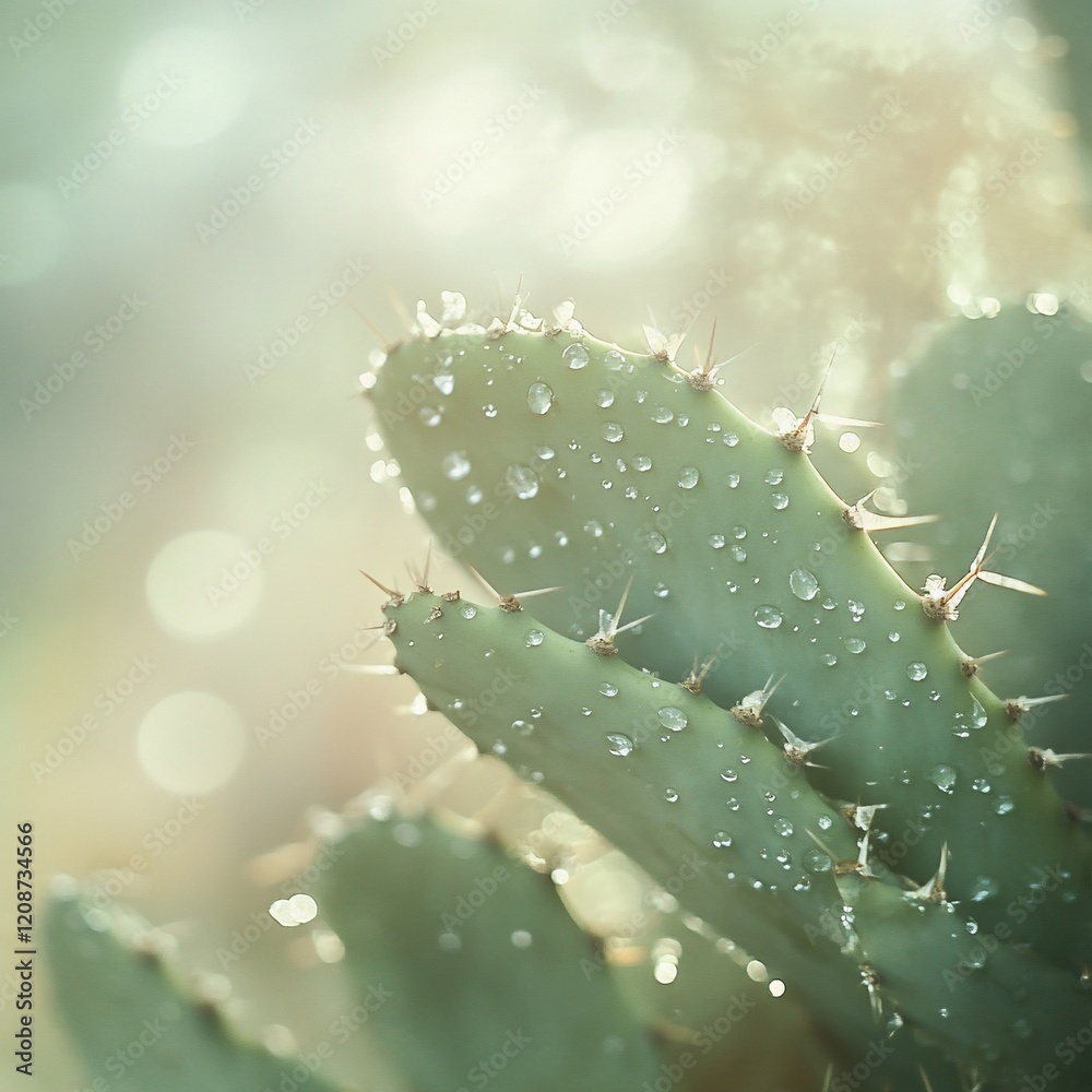 Dew-covered cactus pads in soft sunlight. Dew-covered cactus pads in soft sunlight.