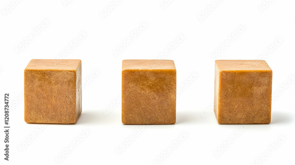 Three caramel cubes on white background, perfect for food blogs or packaging Three caramel cubes on white background, perfect for food blogs or packaging