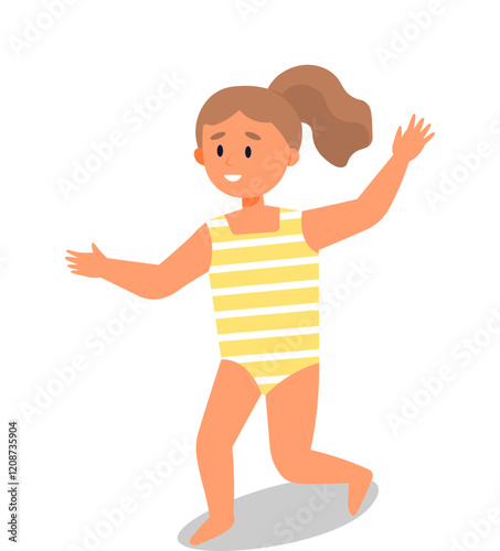 A joyous child is shown running with arms raised, wearing a yellow and white striped swimsuit. Ideal for summer activities, childhood joy, swimwear advertisements, playful moments, and energetic