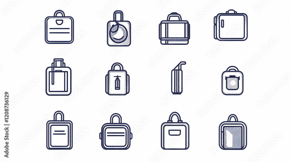 Travel luggage icons; various bags, suitcases, and backpacks; white background; for website or app design Travel luggage icons; various bags, suitcases, and backpacks; white background; for website or app design