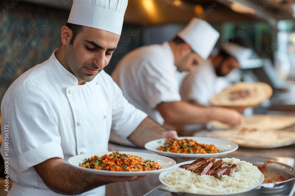 Chef carefully plating delicious restaurant food. Chef carefully plating delicious restaurant food.