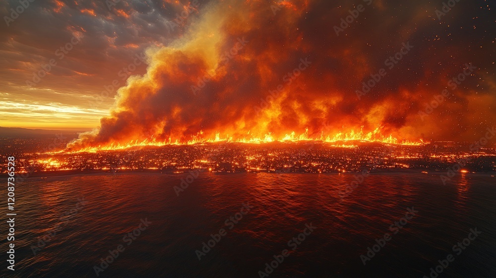 Massive fire engulfing land, reflected in dark water. Massive fire engulfing land, reflected in dark water.