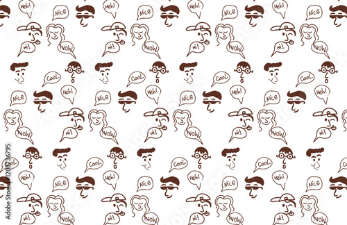seamless pattern with people faces and positive thoughts in minimalist simple style. Vector