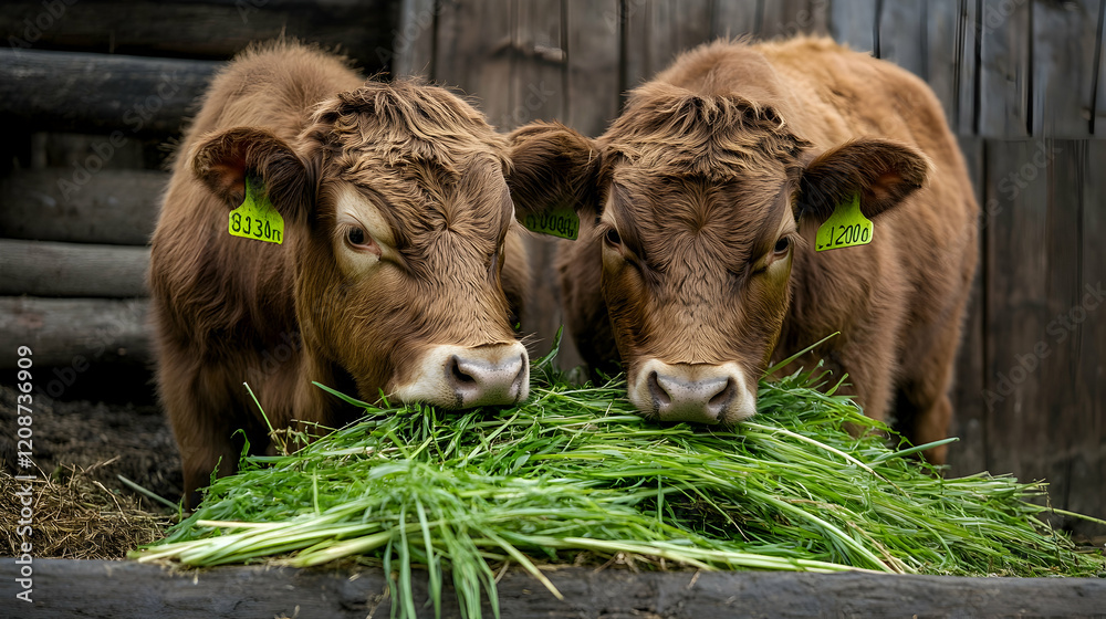 Two brown cows grazing fresh grass in a rustic barn. Perfect for agricultural or livestock publications Two brown cows grazing fresh grass in a rustic barn. Perfect for agricultural or livestock publications