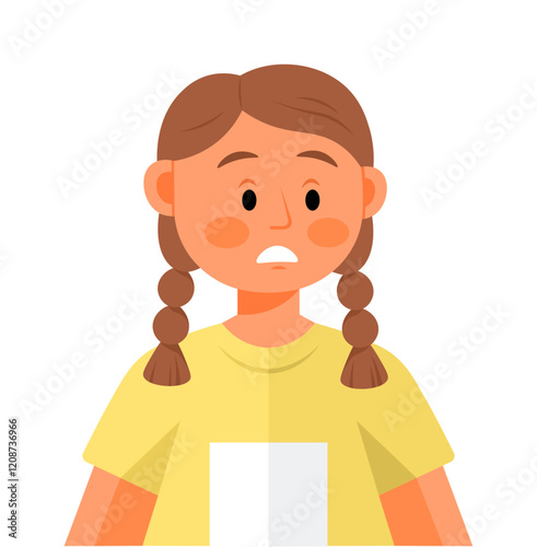 Young girl with brown hair styled in braids wearing a yellow t-shirt. She has a surprised or worried facial expression with wide eyes and a slightly open mouth. Ideal for expressing emotions children