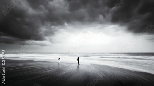 Two figures walk on a beach, stormy clouds overhead, ocean waves, peaceful atmosphere; ideal for contemplative themes