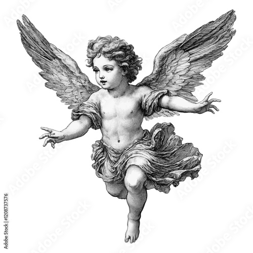 Vintage Illustration of a Cherubic Angel in Flight with Flowing Robes and Outstretched Wings, Black and White Engraving, isolated with transparent background