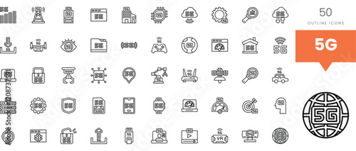 Collection of 5G outline icons showcasing technology and connectivity solutions.