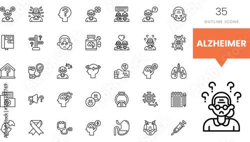 Collection of Alzheimer icons depicting awareness, care, and research themes.