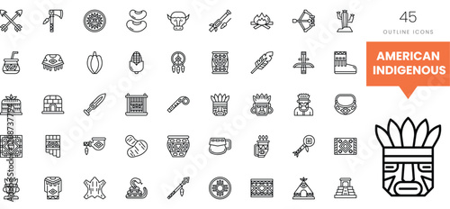 A diverse collection of American Indigenous icons and symbols in outline style.