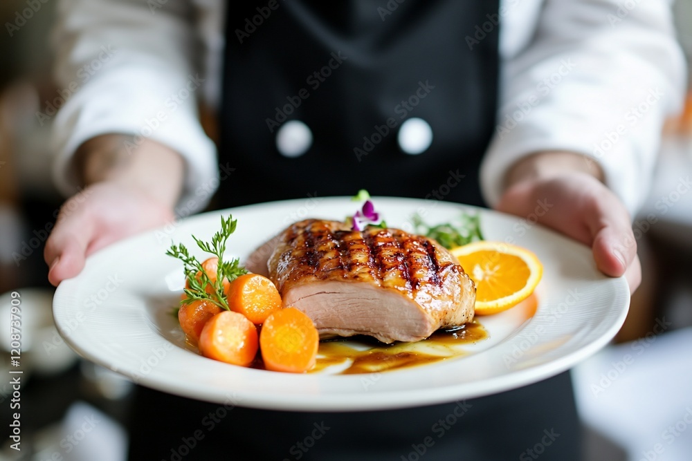 Chef presenting grilled duck breast with carrots and orange slices on a white plate.