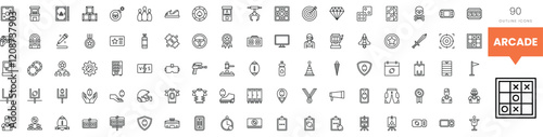 A variety of detailed arcade-themed outline icons in black and white.