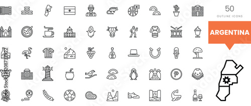 A diverse collection of outline icons representing Argentina's culture and landmarks.