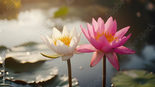 Wallpaper Mural Two water lilies bloom at sunset by a pond, serene nature scene, perfect for relaxation or meditation Torontodigital.ca