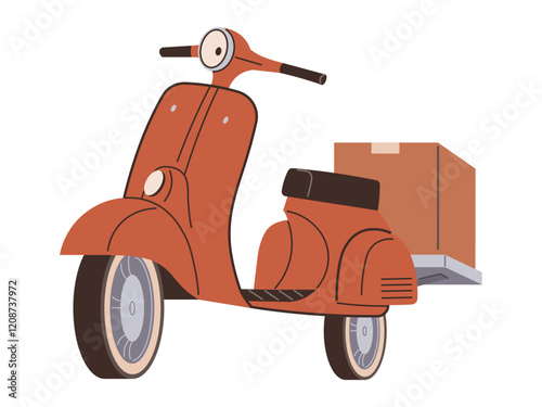 Brown vintage scooter with cardboard box, urban life, ride motorbike in city. Fast shipment for food and goods delivery. Petrol or electric scooter design. Light motorcycle in courier services