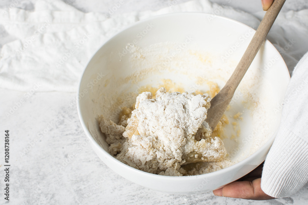 mixing flour into vanilla cookie dough in a white mixing bowl, plain vanilla cookie dough about to be baked, process of making vanilla cookie dough mixing flour into vanilla cookie dough in a white mixing bowl, plain vanilla cookie dough about to be baked, process of making vanilla cookie dough