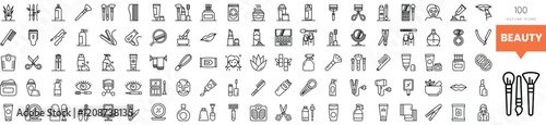 A stylish collection of beauty icons and products outlined on a white background.