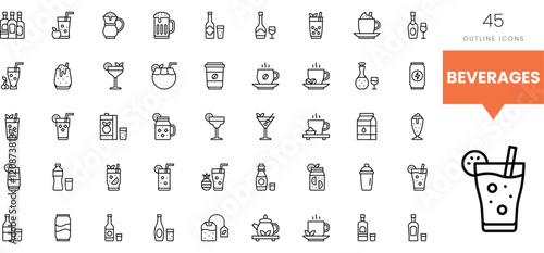 Variety of beverage icons including cocktails, soft drinks, and coffee outlines.