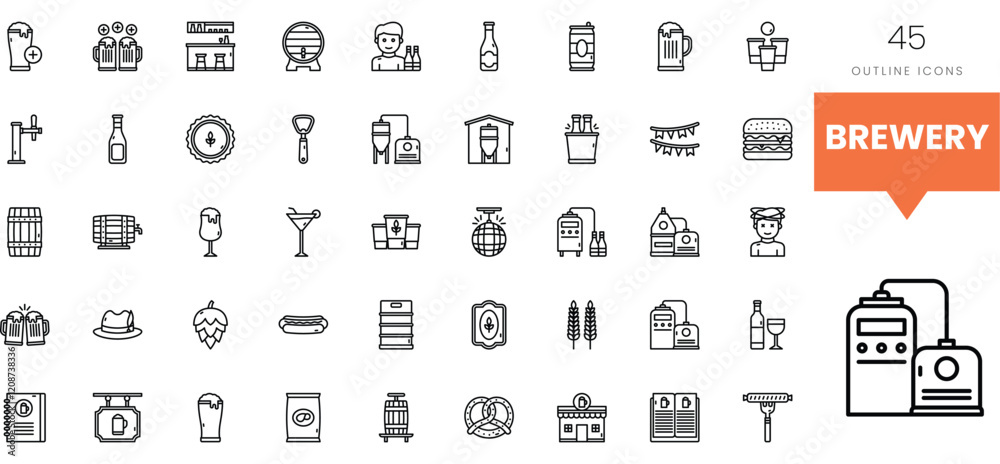 A collection of brewery-related outline icons in a clean, minimalist design. A collection of brewery-related outline icons in a clean, minimalist design.