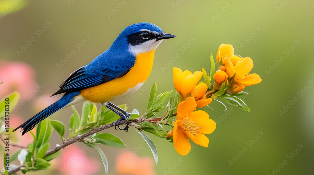 Vibrant blue and yellow bird perched on orange flowers, blurred green background, ideal for nature websites or publications Vibrant blue and yellow bird perched on orange flowers, blurred green background, ideal for nature websites or publications