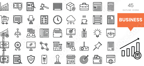 A collection of 45 outline icons representing various business concepts and tools.