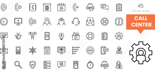 A set of call center icons illustrating communication tools and support services.