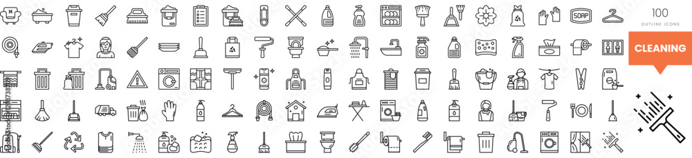 A collection of 100 minimalistic cleaning icons, perfect for personal or commercial use. A collection of 100 minimalistic cleaning icons, perfect for personal or commercial use.
