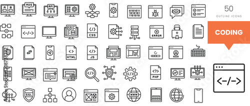 Set of diverse coding icons illustrating programming concepts and tools.