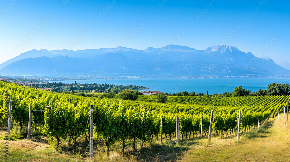 Fototapeta premium Vineyards overlooking lake and mountains; idyllic summer landscape; wine region tourism