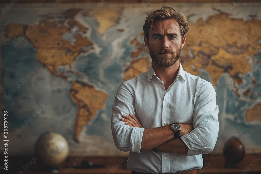 Man standing in front of a large map displaying various locations and routes in a travel planning context