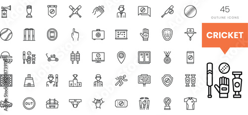 A collection of cricket-themed outline icons showcasing the sport's essentials.