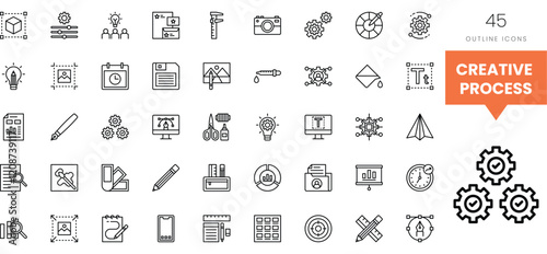 A collection of outline icons representing various stages of the creative process.
