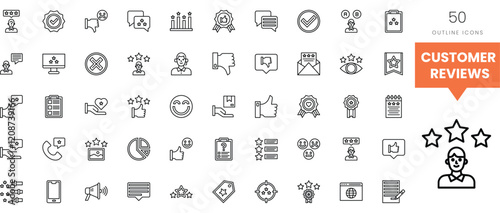 A collection of 50 outline icons representing customer reviews and feedback.