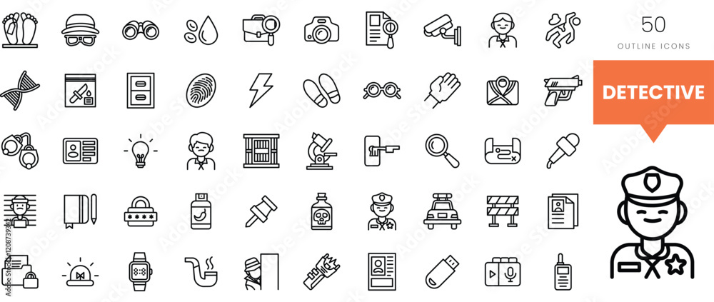 Fototapeta premium Vector set of detective-themed outline icons featuring various investigative tools.