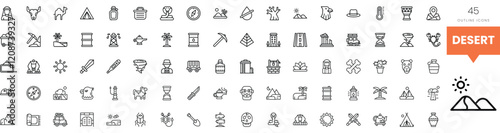 A diverse collection of minimalist desert-themed icons in black and white.