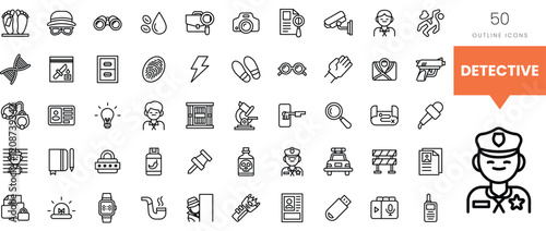 Vector set of detective-themed outline icons featuring various investigative tools.