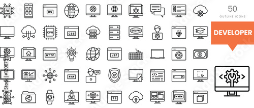 A collection of 50 outline icons illustrating developer tools and technologies.