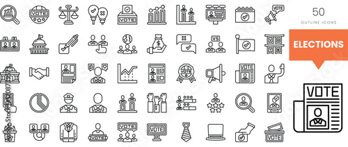 Vector outline icons representing various aspects of elections and voting processes.