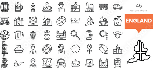 A diverse collection of outline icons representing iconic elements of England.
